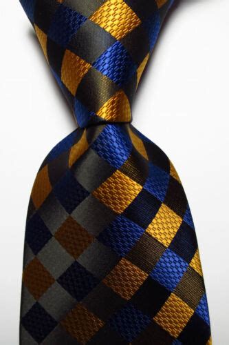 New Classic Checks Blue Black Gold JACQUARD WOVEN Silk Men S Tie