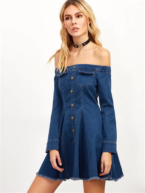 Blue Off The Shoulder Button Front Frayed Denim Dress Shein Sheinside