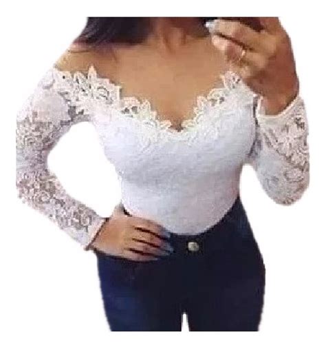 Body Feminino Blusa Renda Tule Manga Longa Bojo R Em