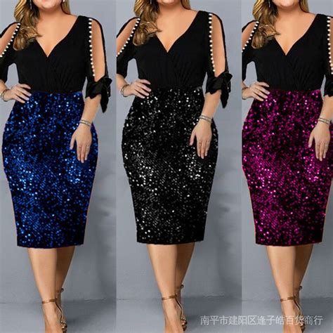 Plus Size Vestidos G G5 Sexy Brilho Elegante Gola V Glitter Midi Vestido De Festa Vermelho Preto