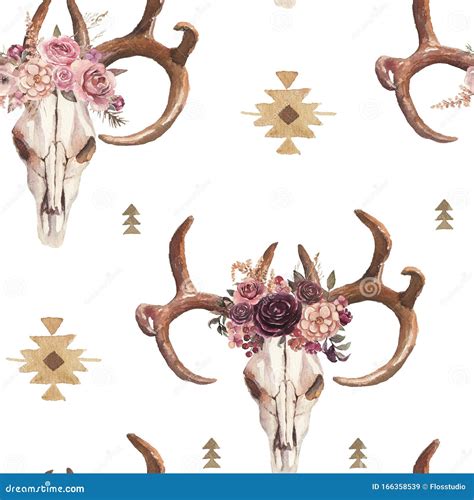 Watercolor Boho Seamless Pattern Of Deer Skull With Antlers Floral