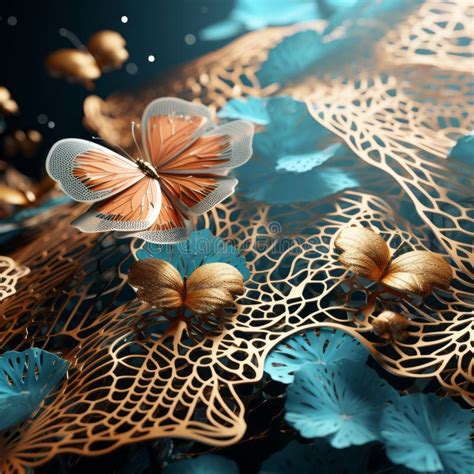 Abstract Art Butterflies In Blue With Gold Leaf Stock Illustration