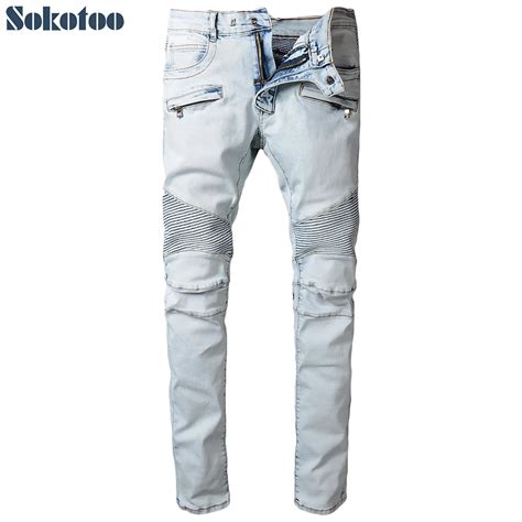 Sokotoo Men S Light Pale Blue Pleated Biker Jeans For Motorcycle Casual