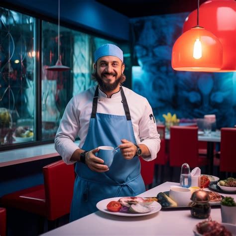 Premium Photo Man In Apron Holding Plate Of Food