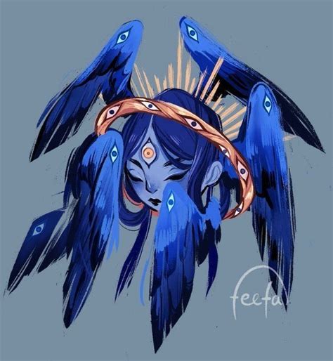 A Drawing Of A Woman With Blue Feathers On Her Head And Two Birds