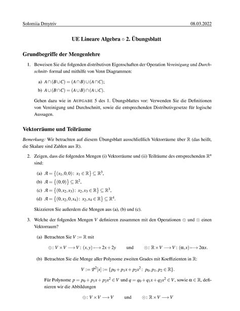 Bungsblatt Lineare Algebra Solomiia Dmytriv Ue Lineare Algebra