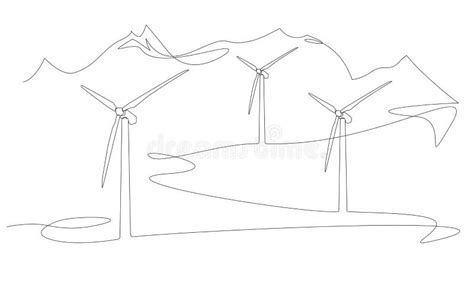 Single Line Drawing Of Wind Turbines In Mountain Landscape Stock Vector