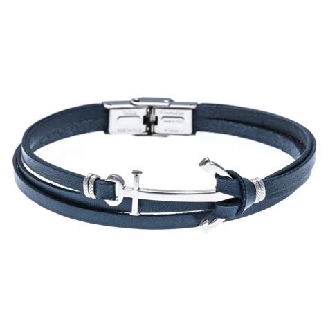 Bracelet Acier Cuir Italien Bleu Ancre Acier 3 Rangs 21 5cm