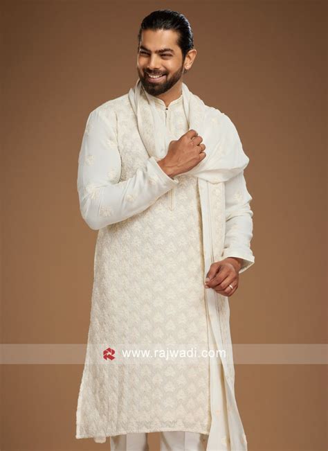 Readymade Cream Embroidered Kurta Pajama For Men