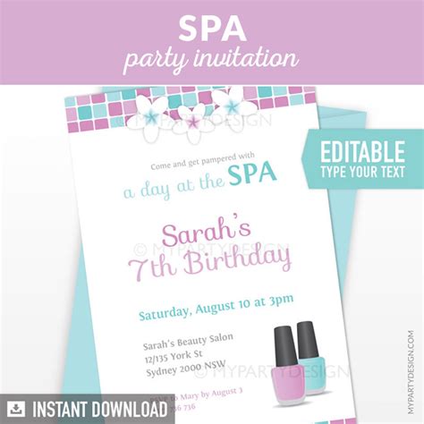 Spa Birthday Invitation Printable Spa Party Invite My Party Design