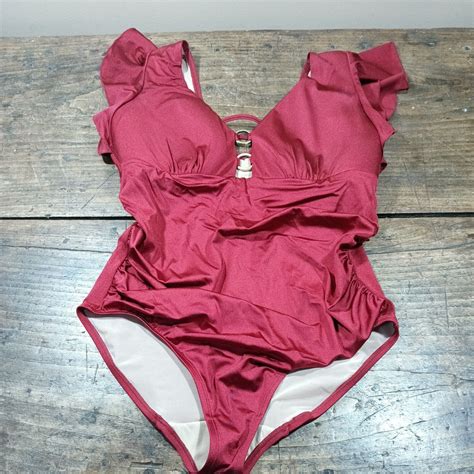 Swim By Cacique Swimsuit Sz Dark Red One Piece Ruffle Built In Bra