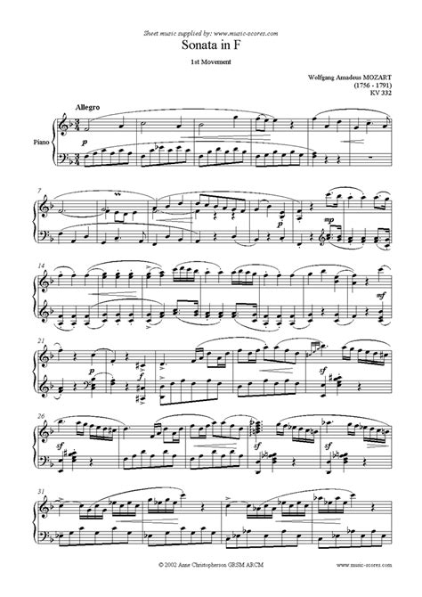 Mozart K332 Sonata In F 1st Movement Classical Sheet Music