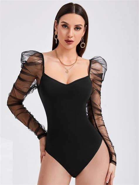 SHEIN BIZwear Sweetheart Neck Mesh Panel Gigot Sleeve Bodysuit Workwear