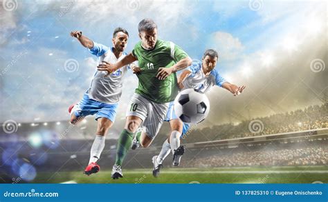 Soccer Players In Action On Sunset Stadium Background Panorama Stock ...