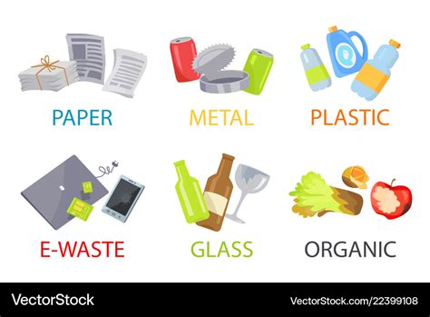 Paper Metal Plastic Glass Organic And E Waste Set Vector Image