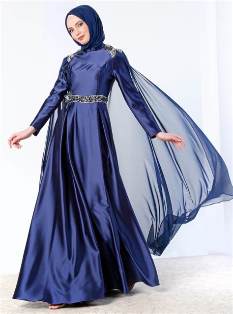 Navy Blue Fully Lined Crew Neck Muslim Evening Dress Muslim