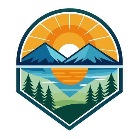 Mountain Sunset Landscape Badge With Sunburst And Pine Trees Premium