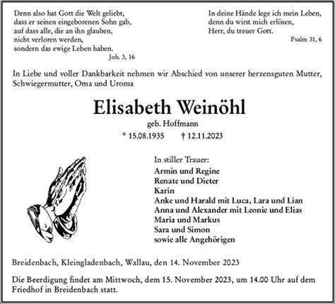 Traueranzeigen von Elisabeth Weinöhl vrm trauer de