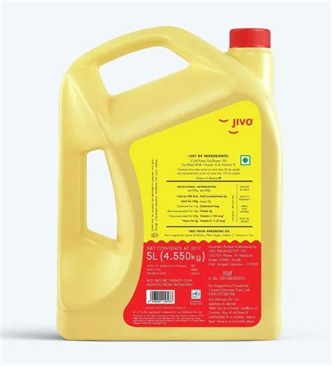 Jivo Canola Cold Press Edible Oil 5 Litre Jivo Chemical Free Sunflower