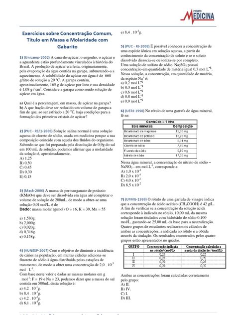 Fisico Quimica Concentracao Comum Molaridade Titulo Exercicios Gabarito ...