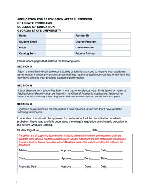 Fillable Online Education Gsu Application For Readmission After