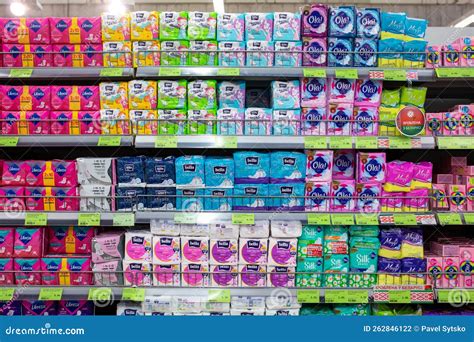 Assorted Brands of Sanitary Pads Being Sold on Store Shelves. Minsk, Belarus, 2022 Editorial ...