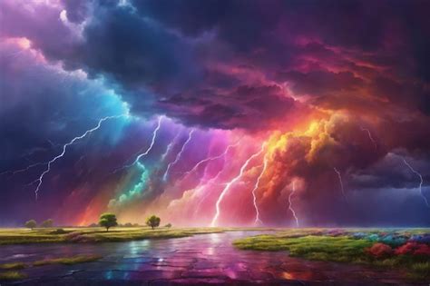 Premium AI Image Rainbow Thunderstorm Background Colorful Stormy Sky