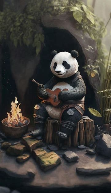 Un Panda Se Sienta Junto A Una Fogata Y Toca La Guitarra Foto Premium