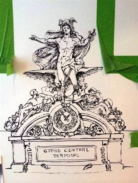 A Drawing Of A Woman Standing On Top Of A Statue With Green Tape Around It