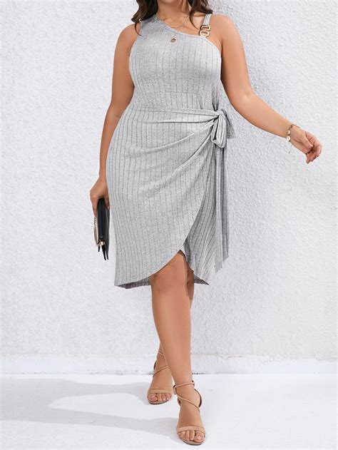 Shein Lune Plus Asymmetrical Neck Knot Side Wrap Hem Dress Shein Usa