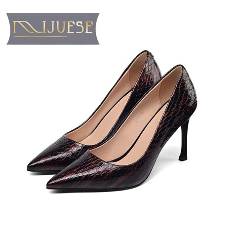 MLJUESE 2019 Women Pumps Autumn Spring Cow Leather Rome Style Snake