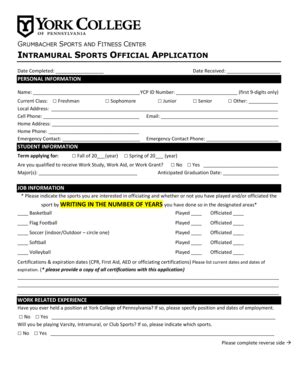 Fillable Online Ycp Intramural Sports Official Application York