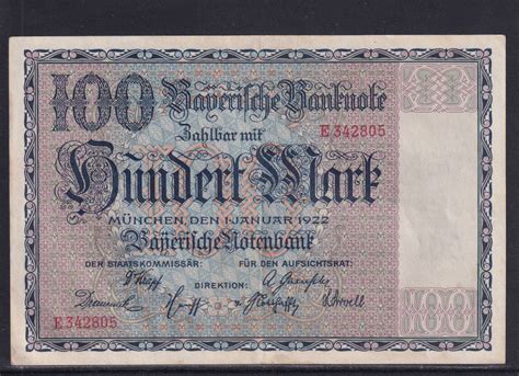 Deutsches Reich Bayern Bayerische Notenbank 100 Mark 1922 Serie E