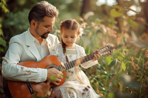 Una encantadora niña aprende a tocar la guitarra de un miembro de la