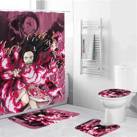 Demon Slayer Anime Nezuko Kamado Combo Bathroom Mats Set And Shower Curt Wexanime