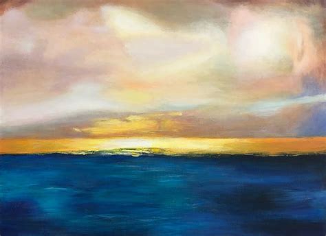 Large Abstract Sunset Painting - Blue Ocean Wall Art with Gold Horizon ...