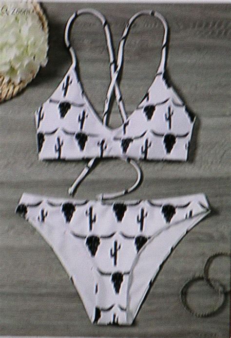 Boho Longhorn Skull Cactus Bikini White 2 Piece Swimsuit With And Blac