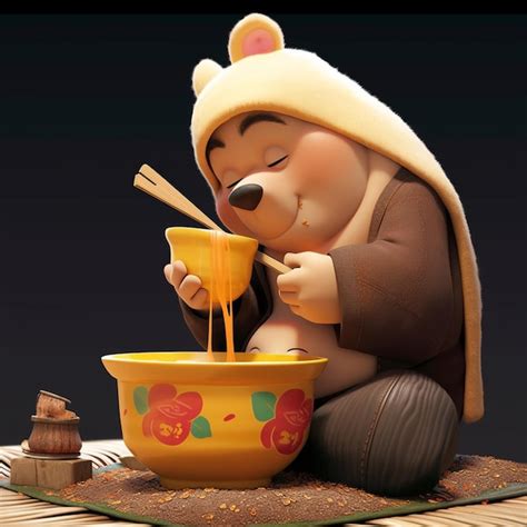 Winnie The Pooh Eating Noodles From A Bowl With Chopsticks Generative