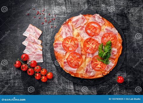 Traditional Italian Pizza With Mozzarella Cheese Ham Tomatoes Stock