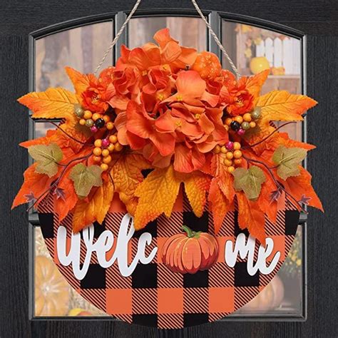 Vofuly Fall Door Hanger Fall Wreath For Front Door Autumn Welcome Sign Round Wooden Sign