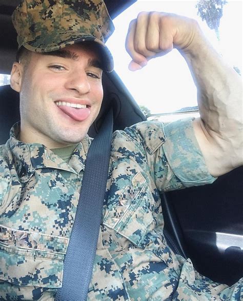 Cute Tongue Out Male Soldier Car Flexing Biceps Veiny Arms Military Uniform