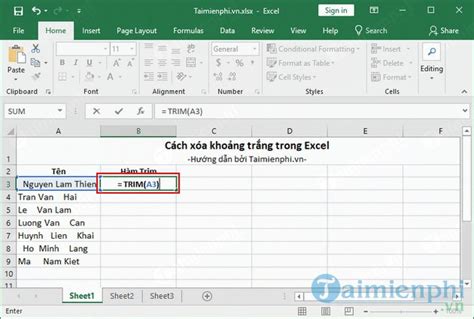 Cách xóa khoảng trắng trong Excel sử dụng hàm TRIM