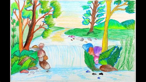 How To Draw A Scenery Of Stream Waterfall Easy Drawing For Kids Youtube