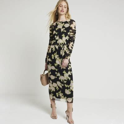 Black Floral Ruched Sleeve Bodycon Midi Dress River Island