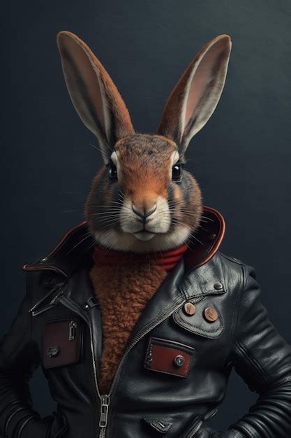 Premium Photo A Rabbit Wearing A Leather Jacket With A Red Collar And