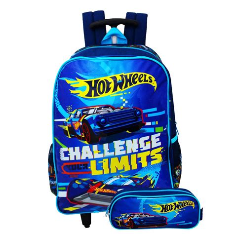 Kit Mochila De Rodinhas Hotwheels Estojo Luxcel Escolar Azul Submarino