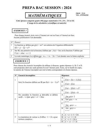 PREPA BAC 2024 Maths Tle D By Tehua