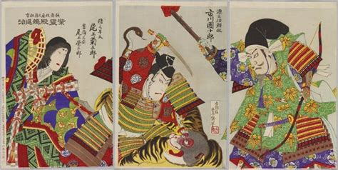 Ukiyo E Of 2 Men In Armor Fighting A Tiger Along With A Woman Dressed