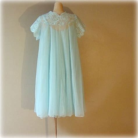 60s Blue Chiffon Peignoir Set Lush Medium Pretty Sweet Vintage