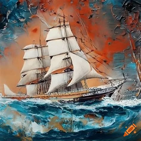 Oil Painting Of Ship In Stormy Sea With Vibrant Colors And Abstract